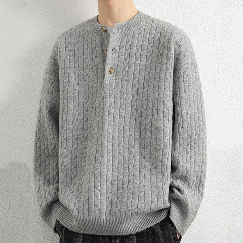 Suéter de punto de manga larga para hombre, cálido, con diseño retorcido, tres botones y cuello redondo de invierno Buddha Stones - image 13