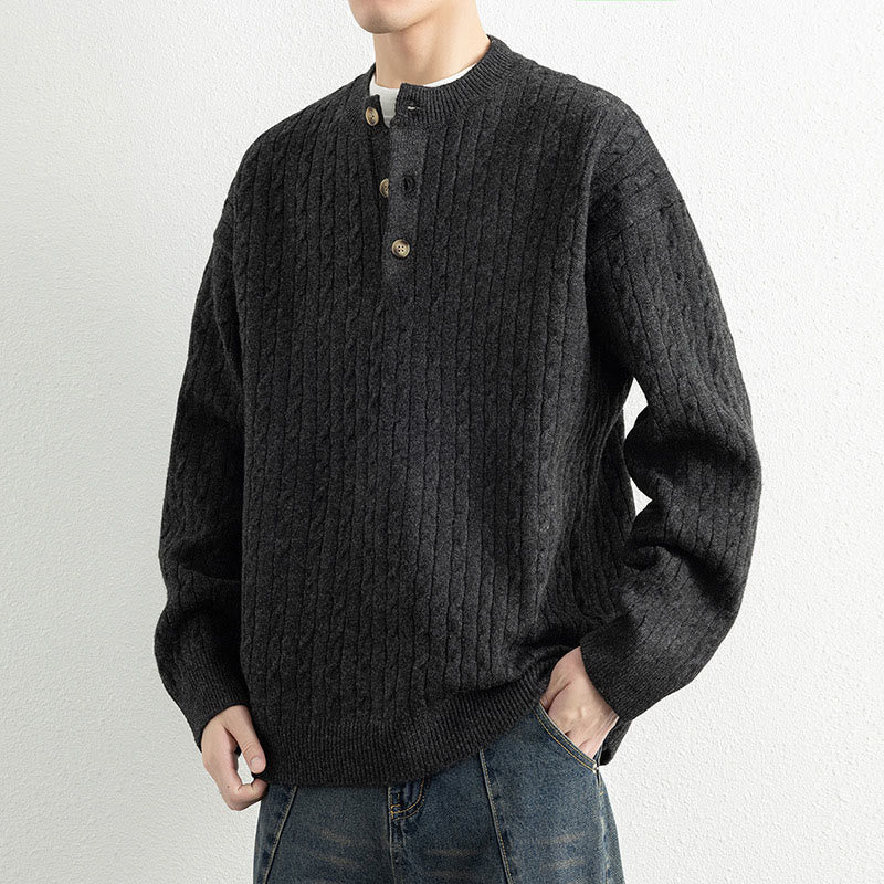 Suéter de punto de manga larga para hombre, cálido, con diseño retorcido, tres botones y cuello redondo de invierno Buddha Stones - image 15