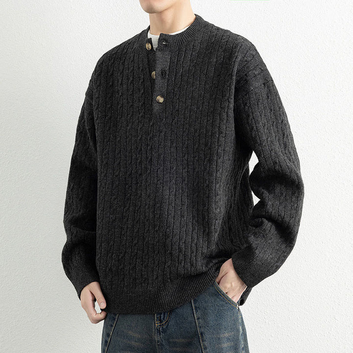Suéter de punto de manga larga para hombre, cálido, con diseño retorcido, tres botones y cuello redondo de invierno Buddha Stones - image 15