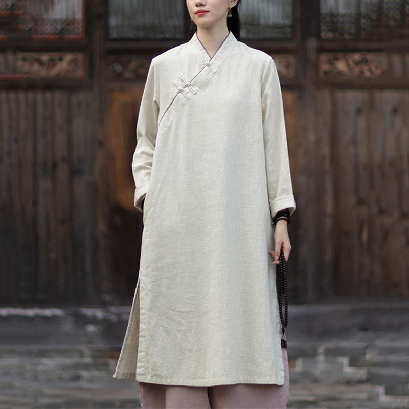 Vestido cheongsam midi de lino y ramio con mangas largas y botones de rana de Buddha Stones y bolsillos - Lino - US4, UK/AU8, UE36 (F) - image 8