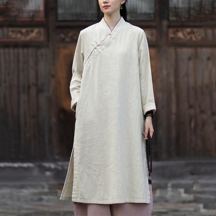 Vestido cheongsam midi de lino y ramio con mangas largas y botones de rana de Buddha Stones y bolsillos - Lino - US4, UK/AU8, UE36 (F) - image 8