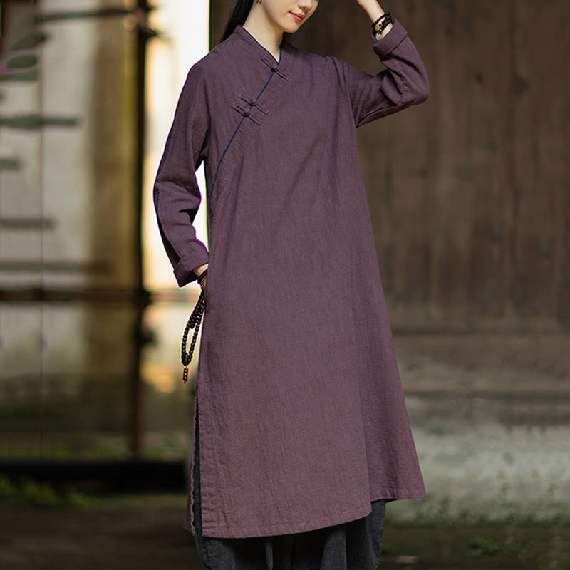 Vestido cheongsam midi de lino y ramio con mangas largas y botones de rana de Buddha Stones y bolsillos - image 16