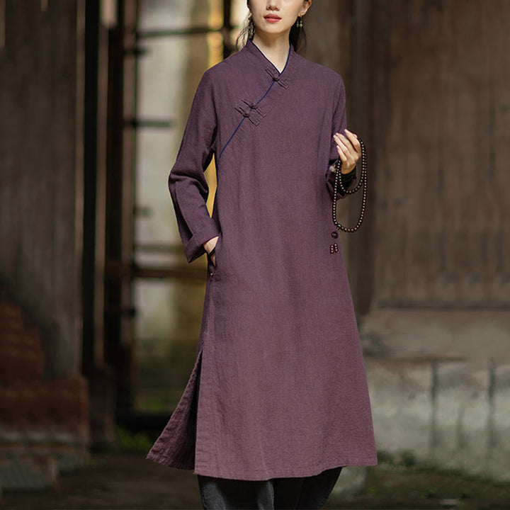 Vestido cheongsam midi de lino y ramio con mangas largas y botones de rana de Buddha Stones y bolsillos - Púrpura - US4, UK/AU8, UE36 (F) - image 15
