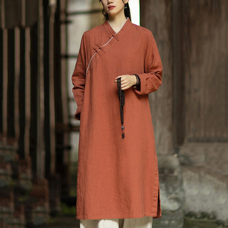 Vestido cheongsam midi de lino y ramio con mangas largas y botones de rana de Buddha Stones y bolsillos - Chocolate - US4, UK/AU8, UE36 (F) - image 0