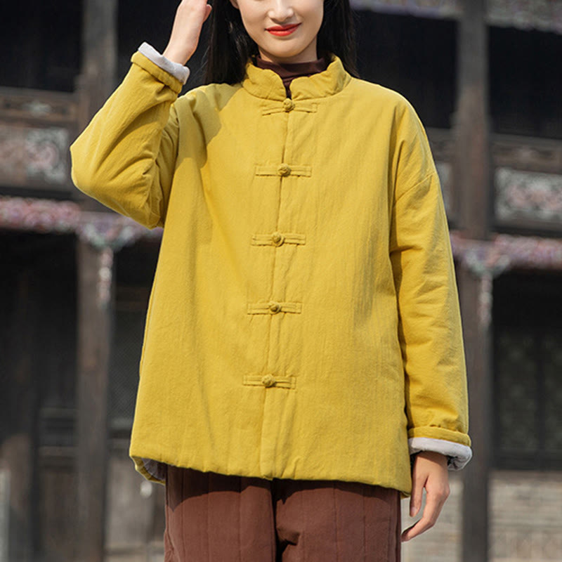 Chaqueta térmica de algodón de manga larga con botones de rana para mujer, de Buddha Stones, con bolsillos, para invierno - image 1