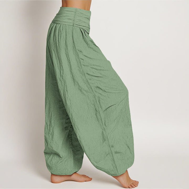 Pantalones harén de algodón verde liso con cintura elástica para mujer de Buddha Stones - image 2