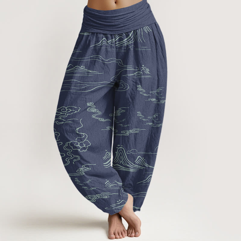 Pantalones bombachos de cintura elástica para mujer con estampado de Buddha Stones, montaña, luna y nubes auspiciosas. - Azul acero - US22，UK/AU26，EU54 (6XL) - image 4