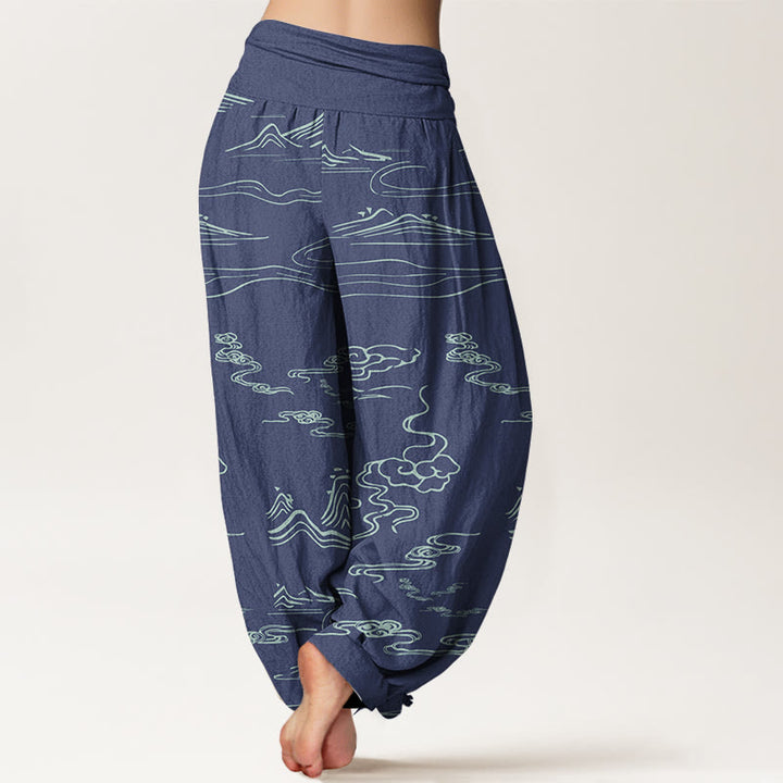 Pantalones bombachos de cintura elástica para mujer con estampado de Buddha Stones, montaña, luna y nubes auspiciosas. - image 6
