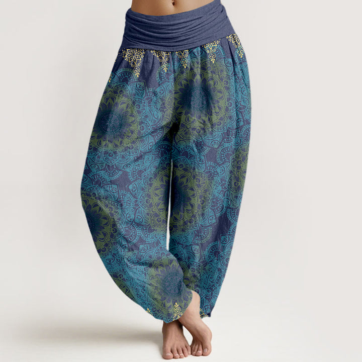 Pantalones bombachos de cintura elástica para mujer con estampado de mandalas triangulares de algodón y Buddha Stones - Azul acero - US22，UK/AU26，EU54 (6XL) - image 7