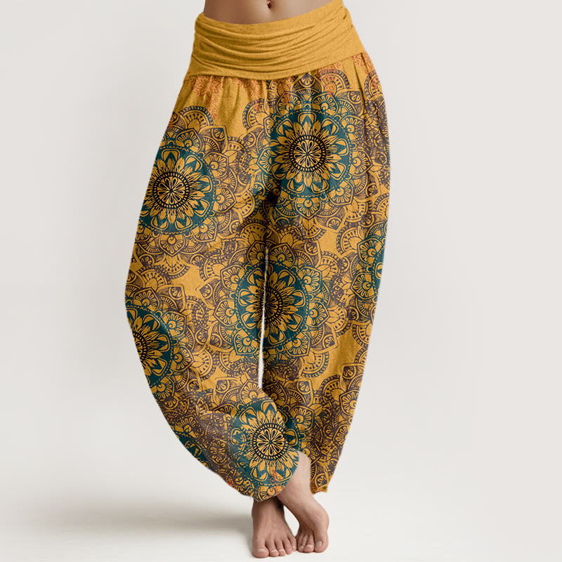 Pantalones bombachos de cintura elástica para mujer con estampado de mandalas triangulares de algodón y Buddha Stones - Oro - US22，UK/AU26，EU54 (6XL) - image 10