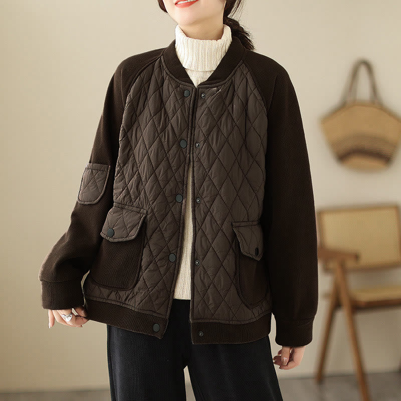 Chaqueta gruesa de manga larga para mujer con estampado de diamantes y Buddha Stones y bolsillos - SaddleBrown - US8-10，UK/AU12-14，EU40-42 (2XL) - image 0