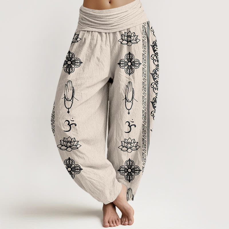 Pantalones Buddha Stones de algodón puro con diseño de flores de loto, doble dorje, vajra, Namaste y Om, con cintura elástica para mujer - Beige - US22，UK/AU26，EU54 (6XL) - image 11