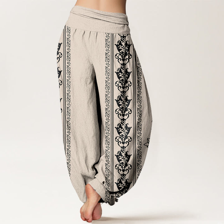 Pantalones bombachos de cintura elástica para mujer con diseño de flores de loto de algodón con Buddha Stones, doble dorje vajra namaste om. - image 12