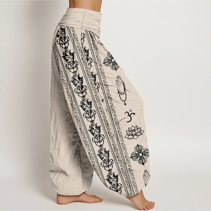 Pantalones bombachos de cintura elástica para mujer con diseño de flores de loto de algodón con Buddha Stones, doble dorje vajra namaste om. - image 13