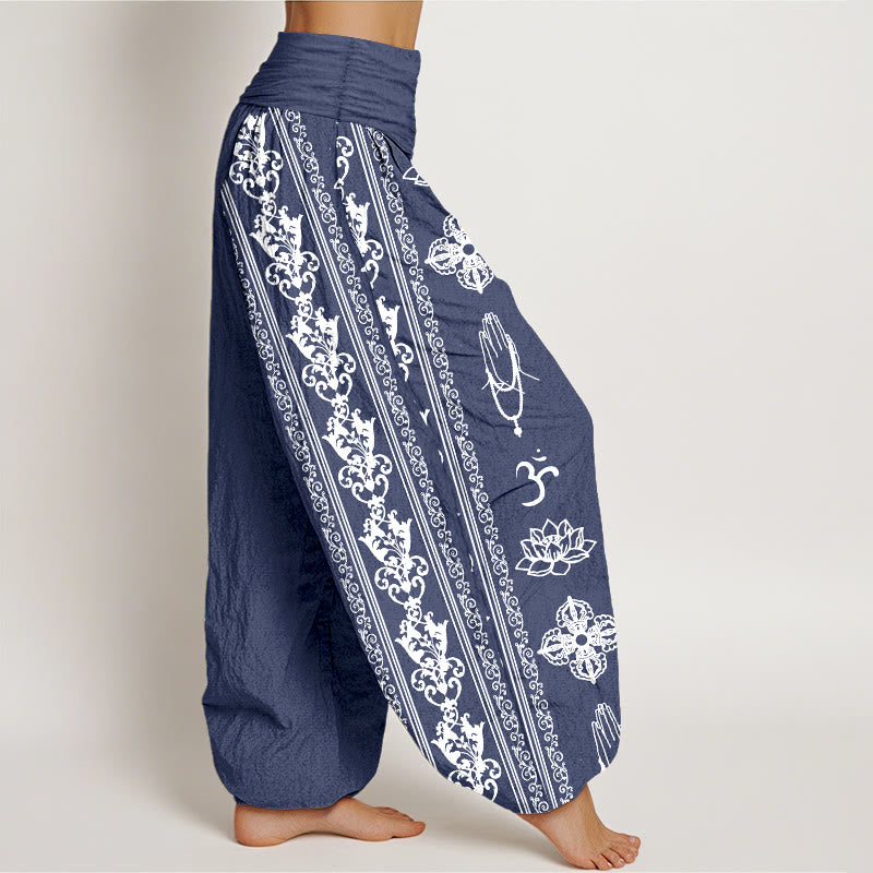 Pantalones bombachos de cintura elástica para mujer con diseño de flores de loto de algodón con Buddha Stones, doble dorje vajra namaste om. - image 16