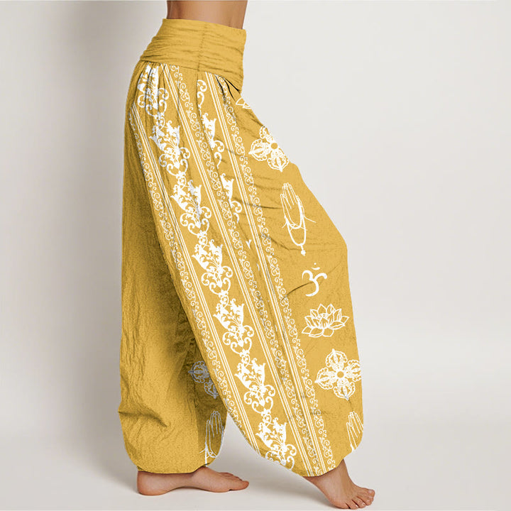 Pantalones bombachos de cintura elástica para mujer con diseño de flores de loto de algodón con Buddha Stones, doble dorje vajra namaste om. - image 19