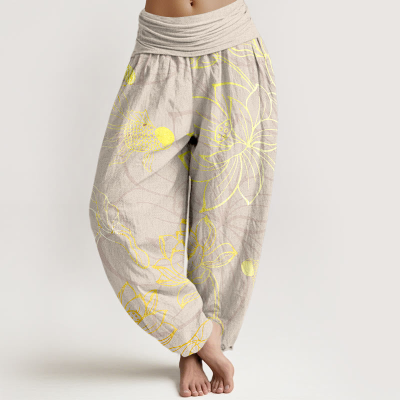 Pantalones bombachos de cintura elástica para mujer con estampado de hojas de loto, peces koi y piedras de Buddha Stones en algodón. - Beige - US22，UK/AU26，EU54 (6XL) - image 7