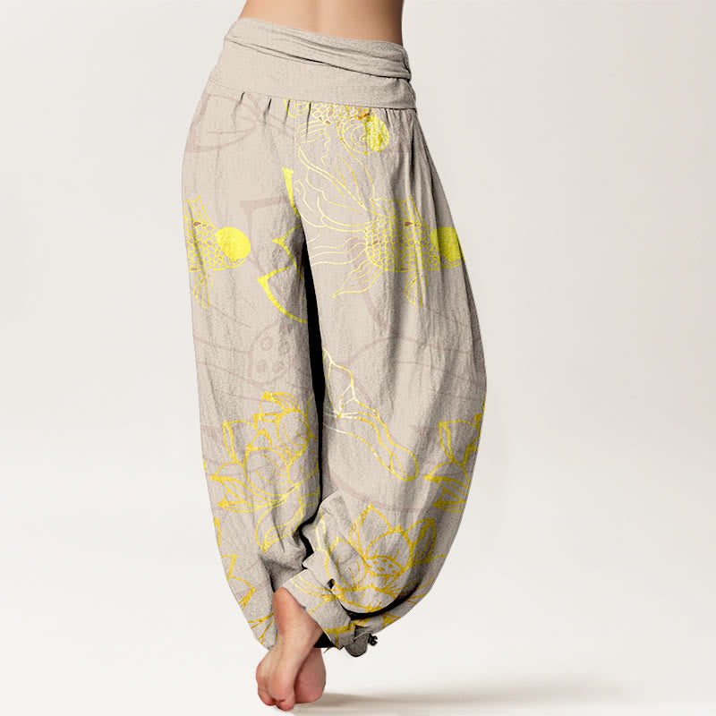 Pantalones bombachos de cintura elástica para mujer con estampado de hojas de loto, peces koi y piedras de Buddha Stones en algodón. - image 9