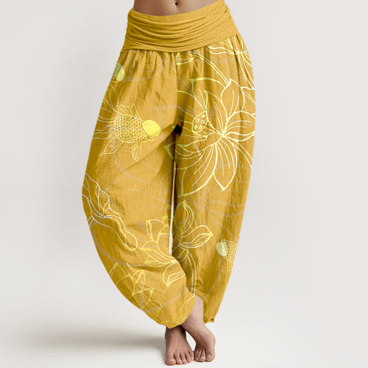 Pantalones Buddha Stones de algodón puro con diseño de hojas de loto y peces koi para mujer, con cintura elástica - Oro - US22，UK/AU26，EU54 (6XL) - image 11