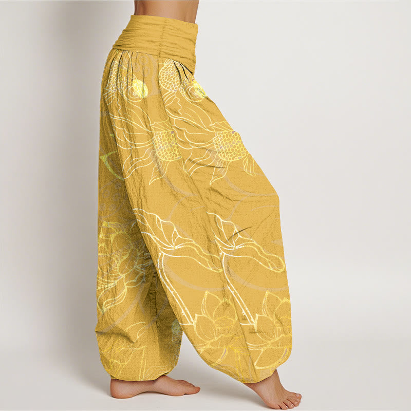 Pantalones Buddha Stones de algodón puro con diseño de hojas de loto y peces koi para mujer, con cintura elástica - image 13