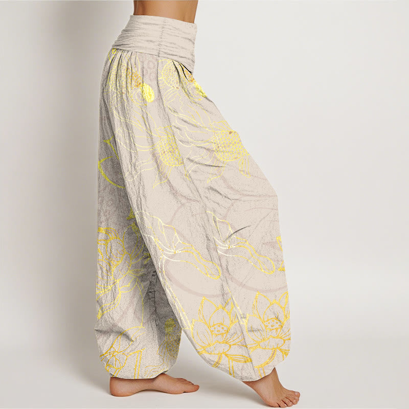 Pantalones Buddha Stones de algodón puro con diseño de hojas de loto y peces koi para mujer, con cintura elástica - image 10