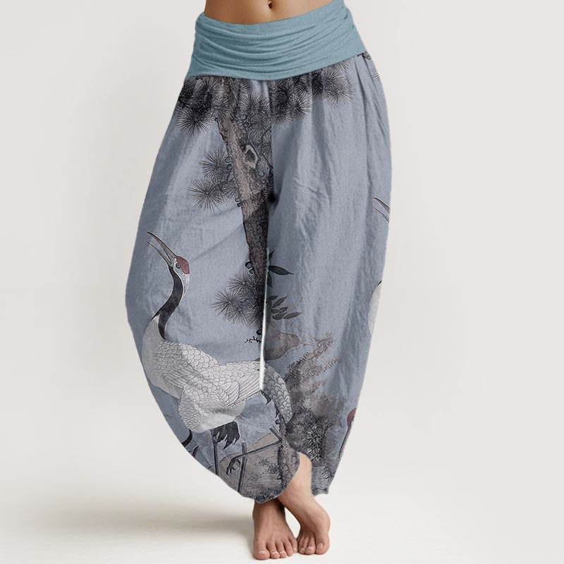Pantalón tipo harem de cintura elástica para mujer, estilo casual, con estampado de Buddha Stones, grullas de corona roja, pinos y montaña. - Azul acero claro - US22，UK/AU26，EU54 (6XL) - image 7