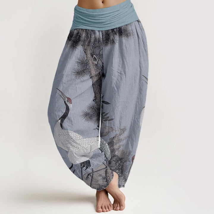 Pantalón tipo harem de cintura elástica para mujer, estilo casual, con estampado de Buddha Stones, grullas de corona roja, pinos y montaña. - Azul acero claro - US22，UK/AU26，EU54 (6XL) - image 7