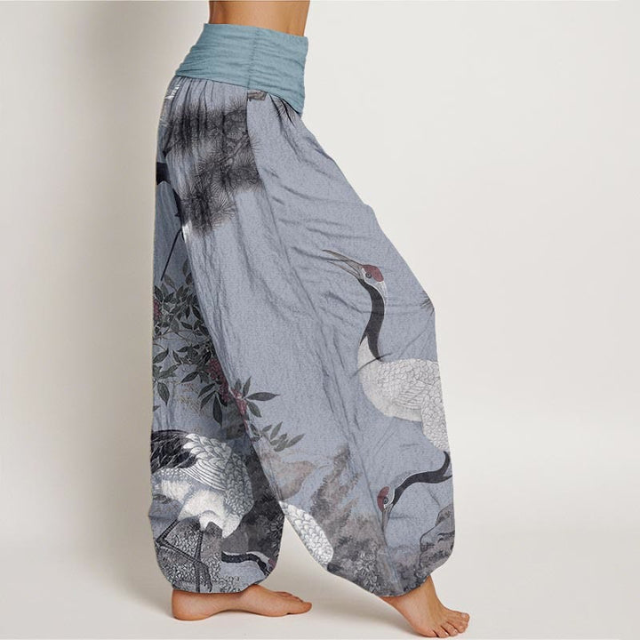 Pantalón tipo harem de cintura elástica para mujer, estilo casual, con estampado de Buddha Stones, grullas de corona roja, pinos y montaña. - image 9