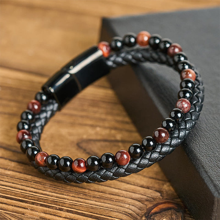 Pulsera protectora de cuero con Buddha Stones, ónix negro, ojo de tigre y acero de titanio - Ojo de tigre rojo (circunferencia de la muñeca: 18-19 cm) - image 0