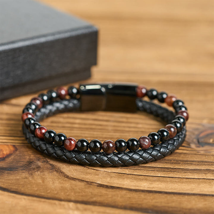 Pulsera protectora de cuero con Buddha Stones, ónix negro, ojo de tigre y acero de titanio - image 1
