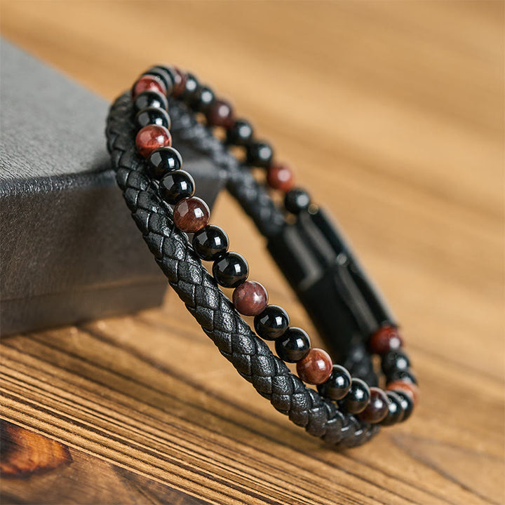 Pulsera protectora de cuero con Buddha Stones, ónix negro, ojo de tigre y acero de titanio - image 2
