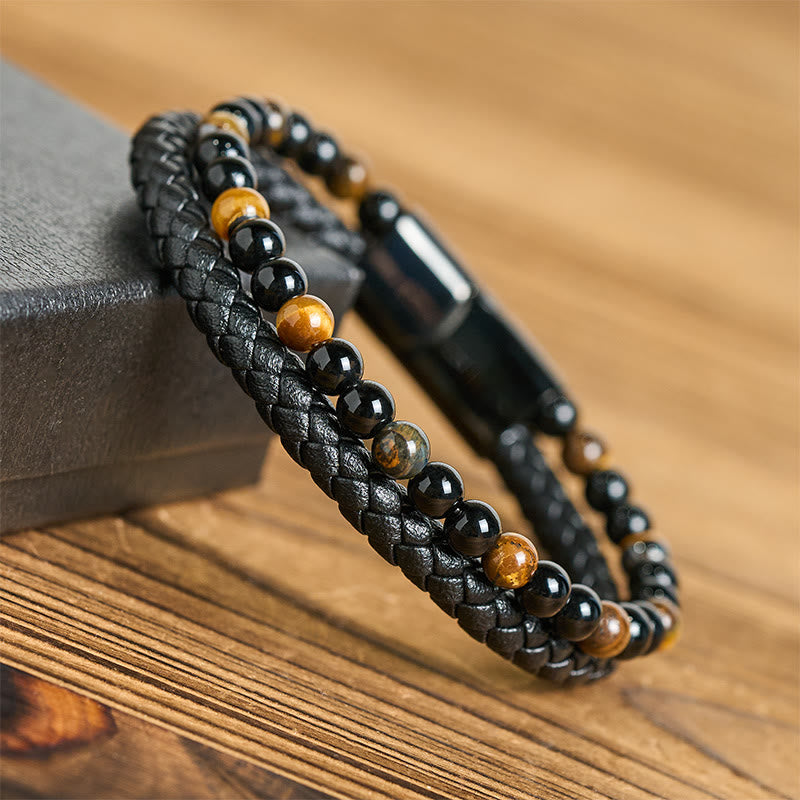 Pulsera protectora de cuero con Buddha Stones, ónix negro, ojo de tigre y acero de titanio - image 11