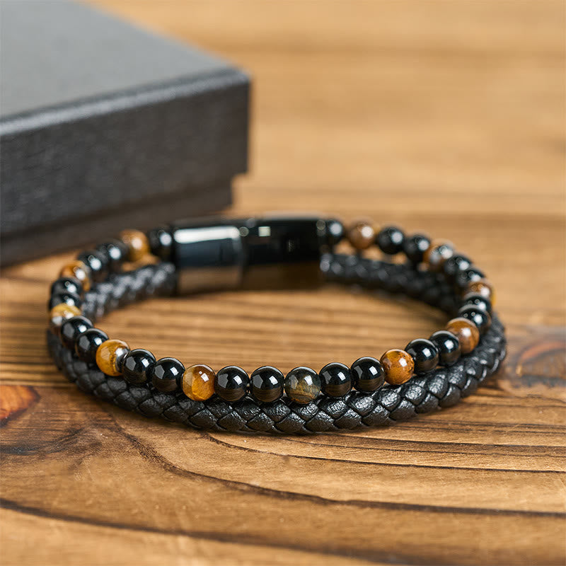 Pulsera protectora de cuero con Buddha Stones, ónix negro, ojo de tigre y acero de titanio - image 10