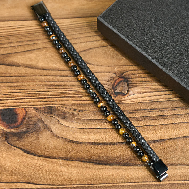 Pulsera protectora de cuero con Buddha Stones, ónix negro, ojo de tigre y acero de titanio - image 13