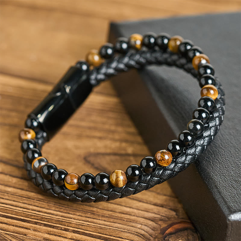 Pulsera protectora de cuero con Buddha Stones, ónix negro, ojo de tigre y acero de titanio - Ojo de tigre amarillo (circunferencia de la muñeca: 18-19 cm) - image 9