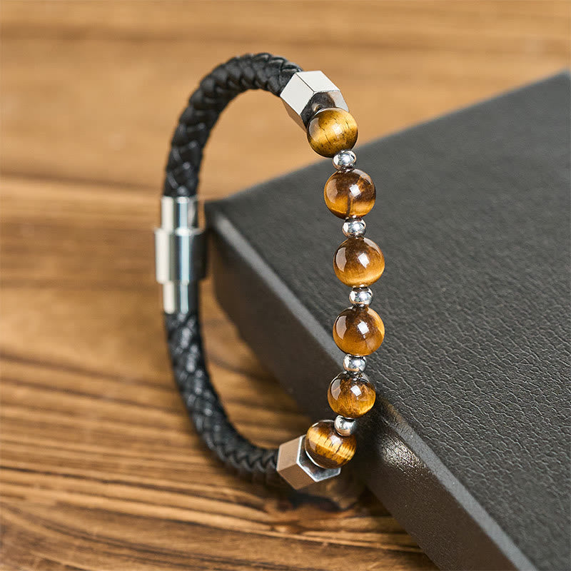 Pulsera de cuero con Buddha Stones, ojo de tigre, acero de titanio y coraje - image 1