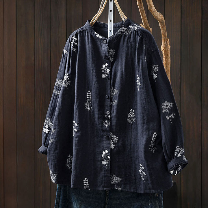 Camisa de algodón de manga larga con botones y bordado floral de Buddha Stones para mujer - Azul acero - US4-6, UK/AU8-10, EU36-38 (F) - image 14