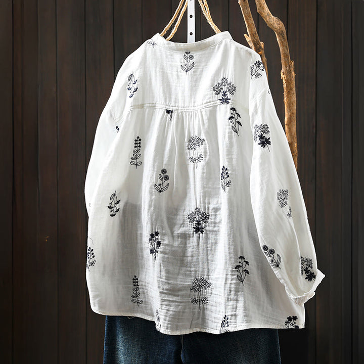 Camisa de algodón de manga larga con botones y bordado floral de Buddha Stones para mujer - image 1