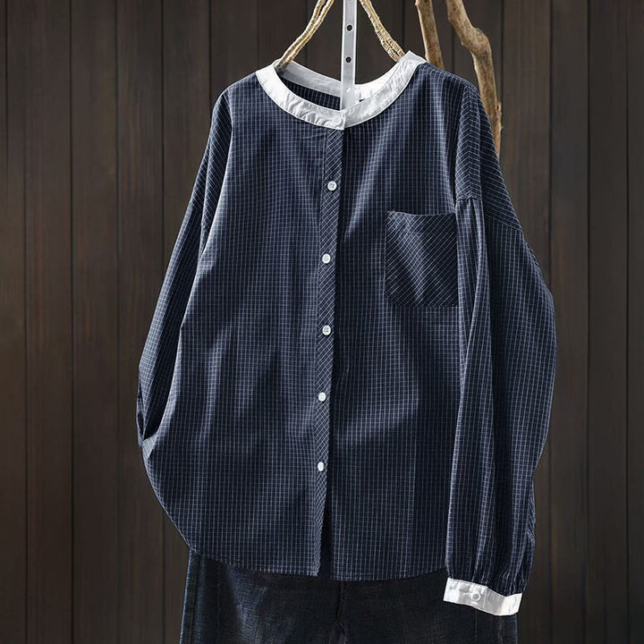 Camisa de algodón de manga larga para mujer con botones en contraste y estampado de Buddha Stones - Azul acero - US4-6, UK/AU8-10, EU36-38 (F) - image 0