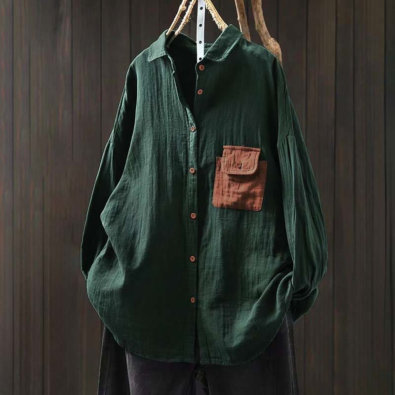 Camisa de algodón de manga larga con botones y bolsillos en contraste para mujer con Buddha Stones - Verde mar medio - US4-8/10, UK/AU8-12/14, EU36-40/42 (F) - image 0