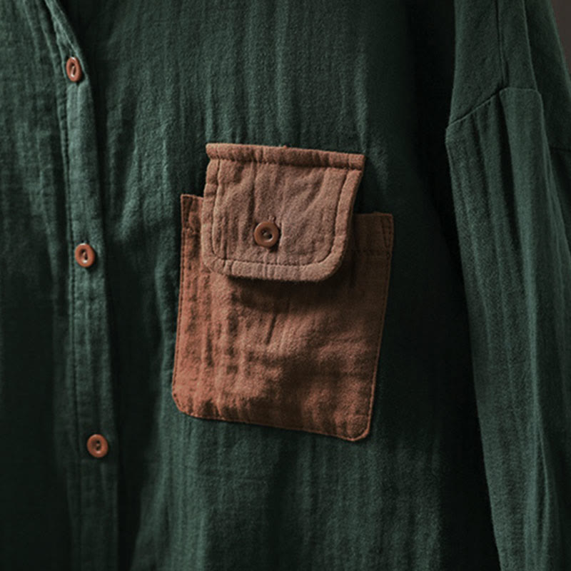 Camisa de algodón de manga larga con botones y bolsillos en contraste para mujer con Buddha Stones - image 6