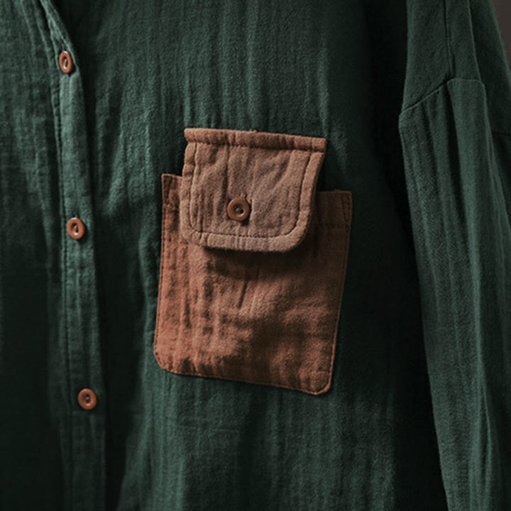 Camisa de algodón de manga larga con botones y bolsillos en contraste para mujer con Buddha Stones - image 6