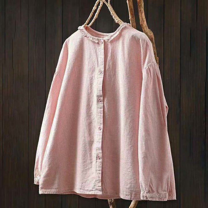 Camisa de algodón de manga larga con botones y cuadros pequeños de Buddha Stones Spring para mujer - Rosa claro - US4，UK/AU8，EU36 (L) - image 11