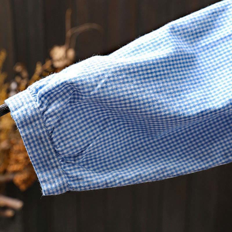 Camisa de algodón de manga larga con botones y cuadros pequeños de Buddha Stones Spring para mujer - image 6