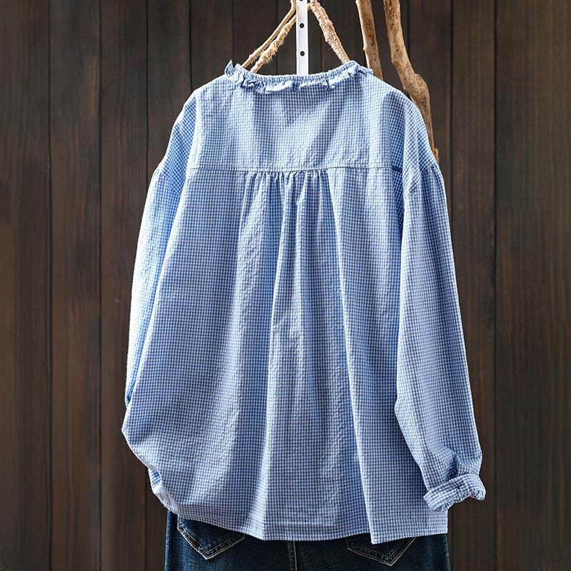 Camisa de algodón de manga larga con botones y cuadros pequeños de Buddha Stones Spring para mujer - image 1