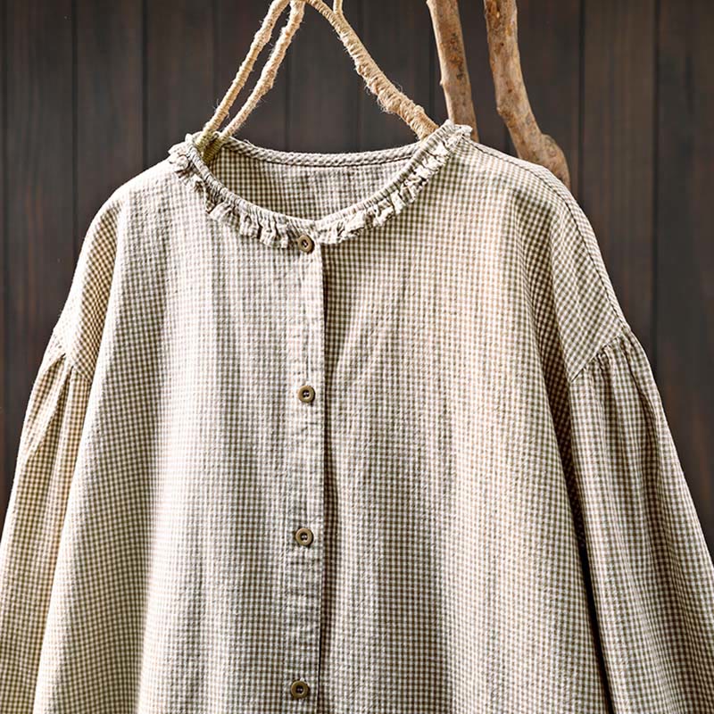 Camisa de algodón de manga larga con botones y cuadros pequeños de Buddha Stones Spring para mujer - image 14