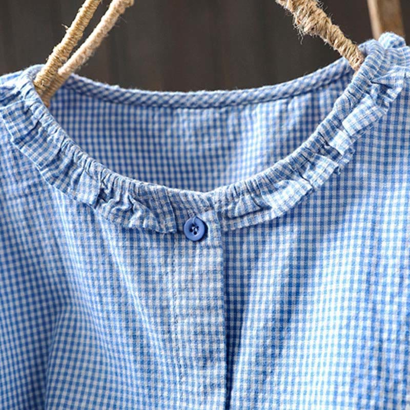 Camisa de algodón de manga larga con botones y cuadros pequeños de Buddha Stones Spring para mujer - image 4