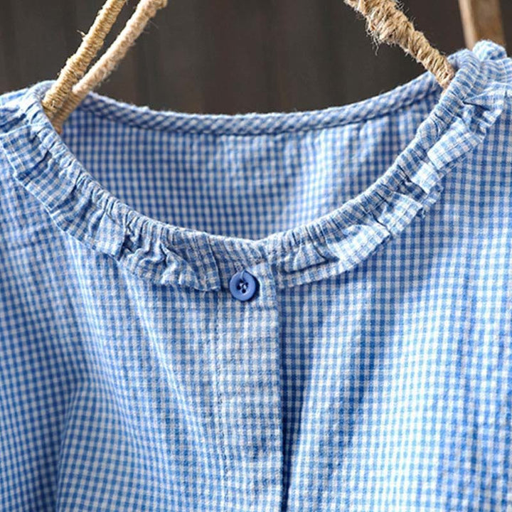 Camisa de algodón de manga larga con botones y cuadros pequeños de Buddha Stones Spring para mujer - image 4