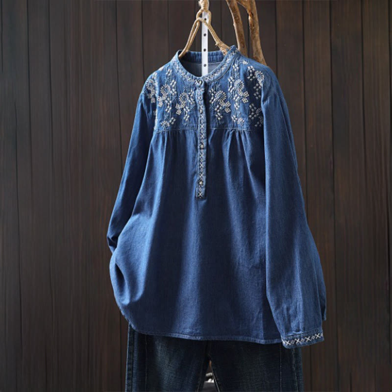 Camisa vaquera de algodón con bordado floral geométrico de Buddha Stones y manga larga con botones para mujer - Azul real - US4-6, UK/AU8-10, EU36-38 (F) - image 17