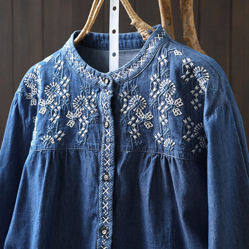 Camisa vaquera de algodón con bordado floral geométrico de Buddha Stones y manga larga con botones para mujer - image 18